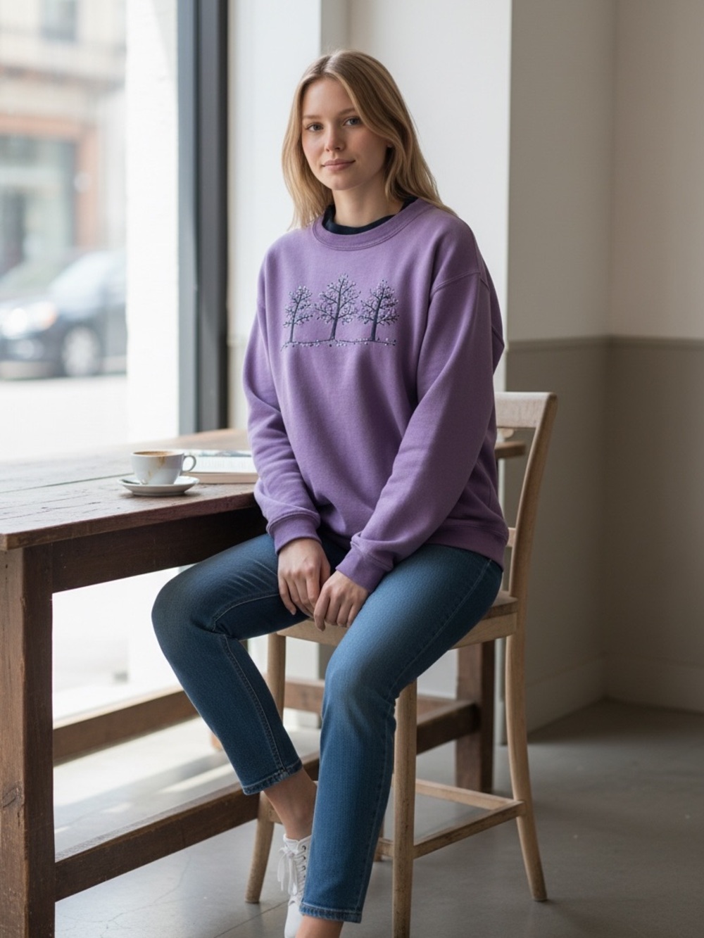 Lavender Crewneck Sweater with Tree Embroidery